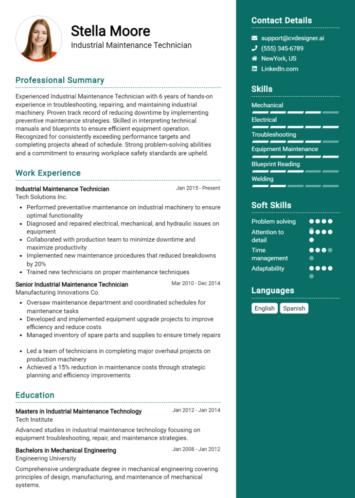 Industrial Maintenance Technician Resume Example