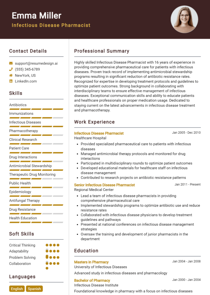 Infectious Disease Pharmacist Resume Example