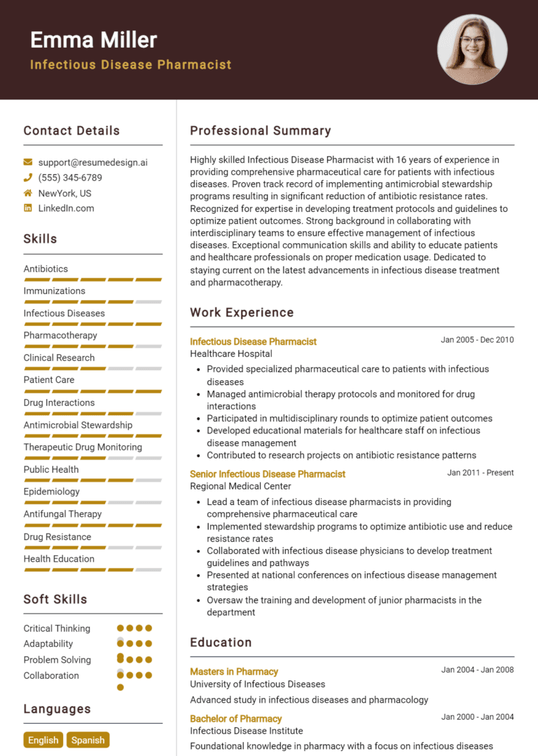 14 Infectious Disease Pharmacist Resume Examples And Templates for 2025