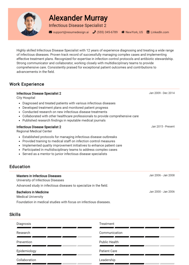 Infectious Disease Specialist 2 Resume Example