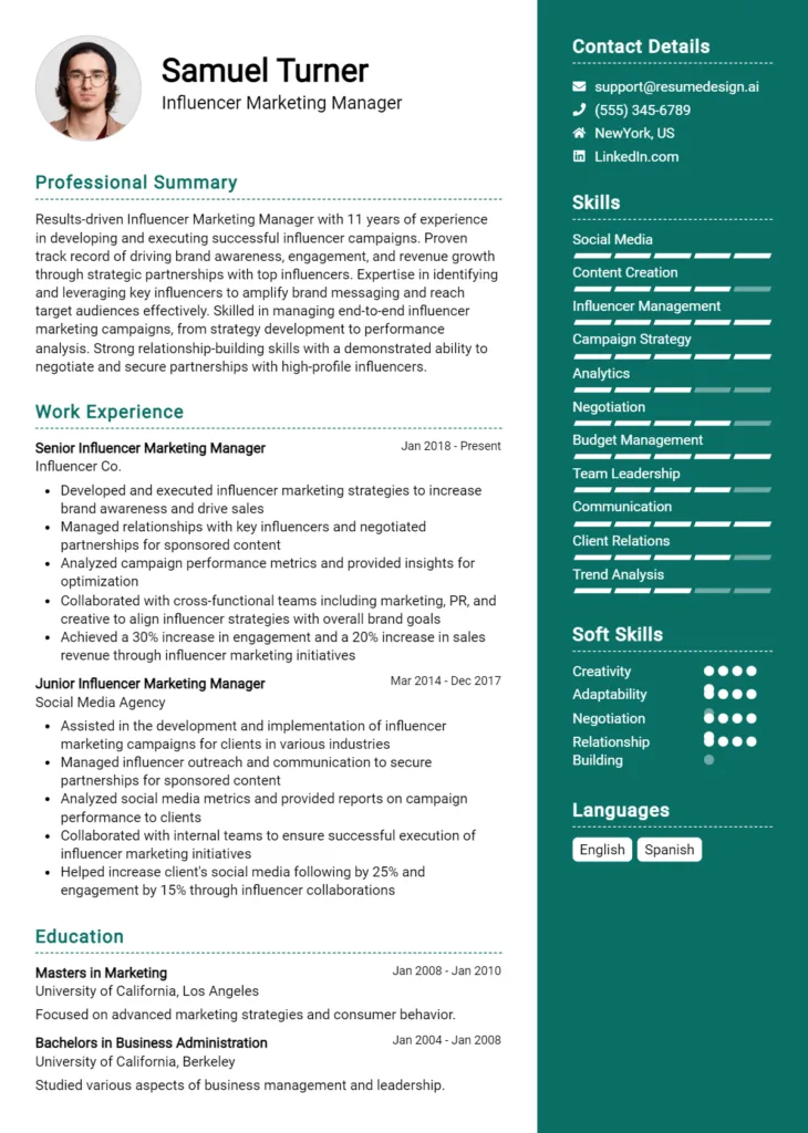 Influencer Marketing Manager Resume Example