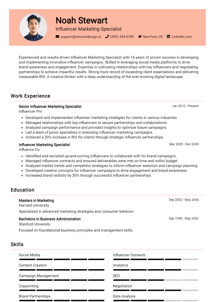 Influencer Marketing Specialist Resume Example