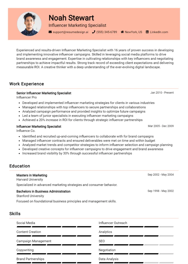 Influencer Marketing Specialist Resume Example
