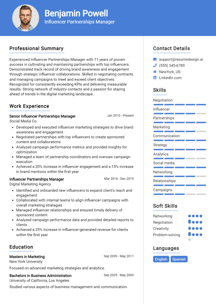 Influencer Partnerships Manager Resume Example