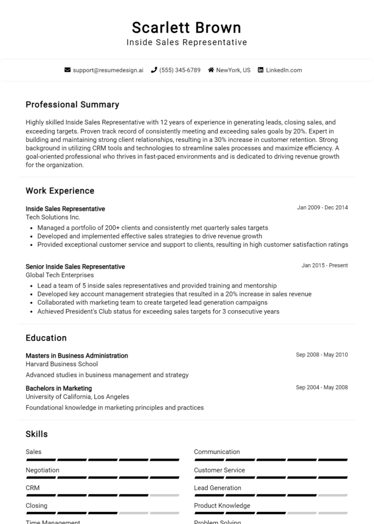 Inside Sales Representative Resume Example