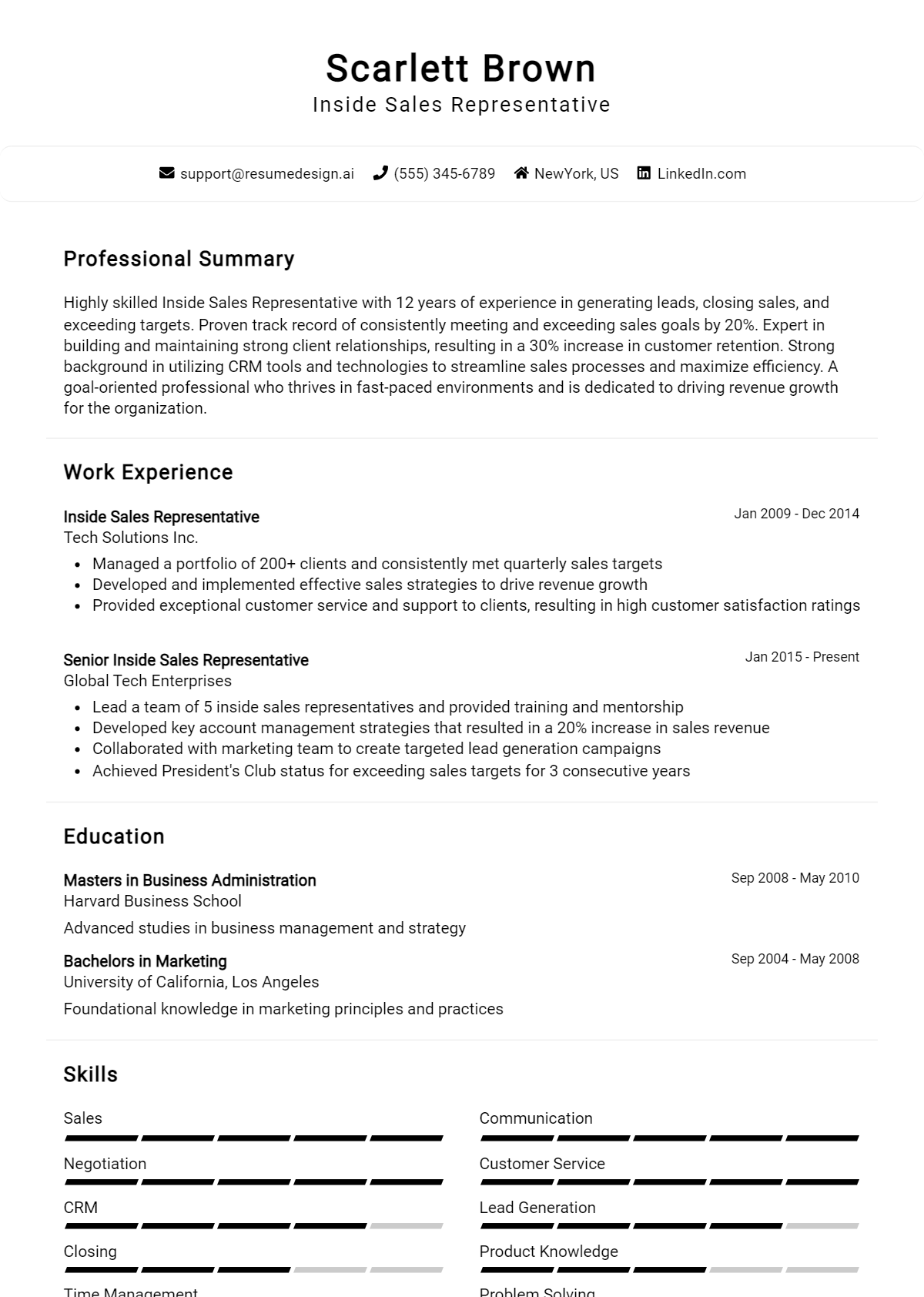 Inside Sales Representative Resume Example