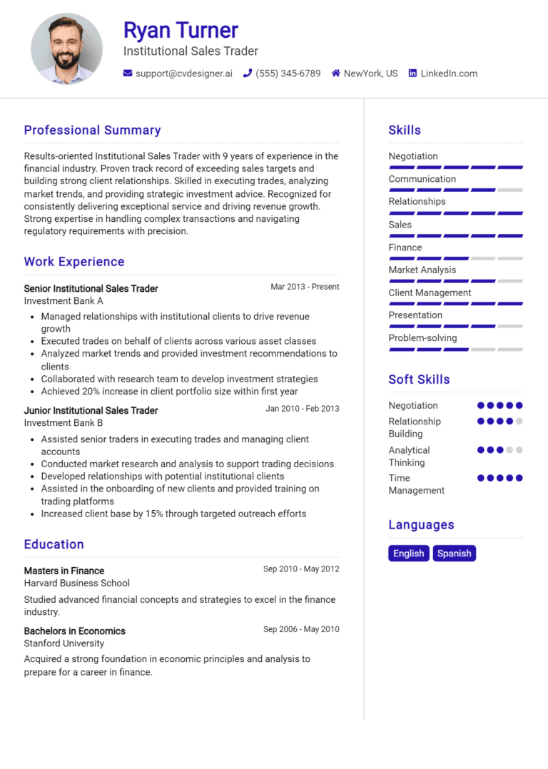 18 Institutional Sales Trader Resume Examples And Templates for 2025 [Guide]