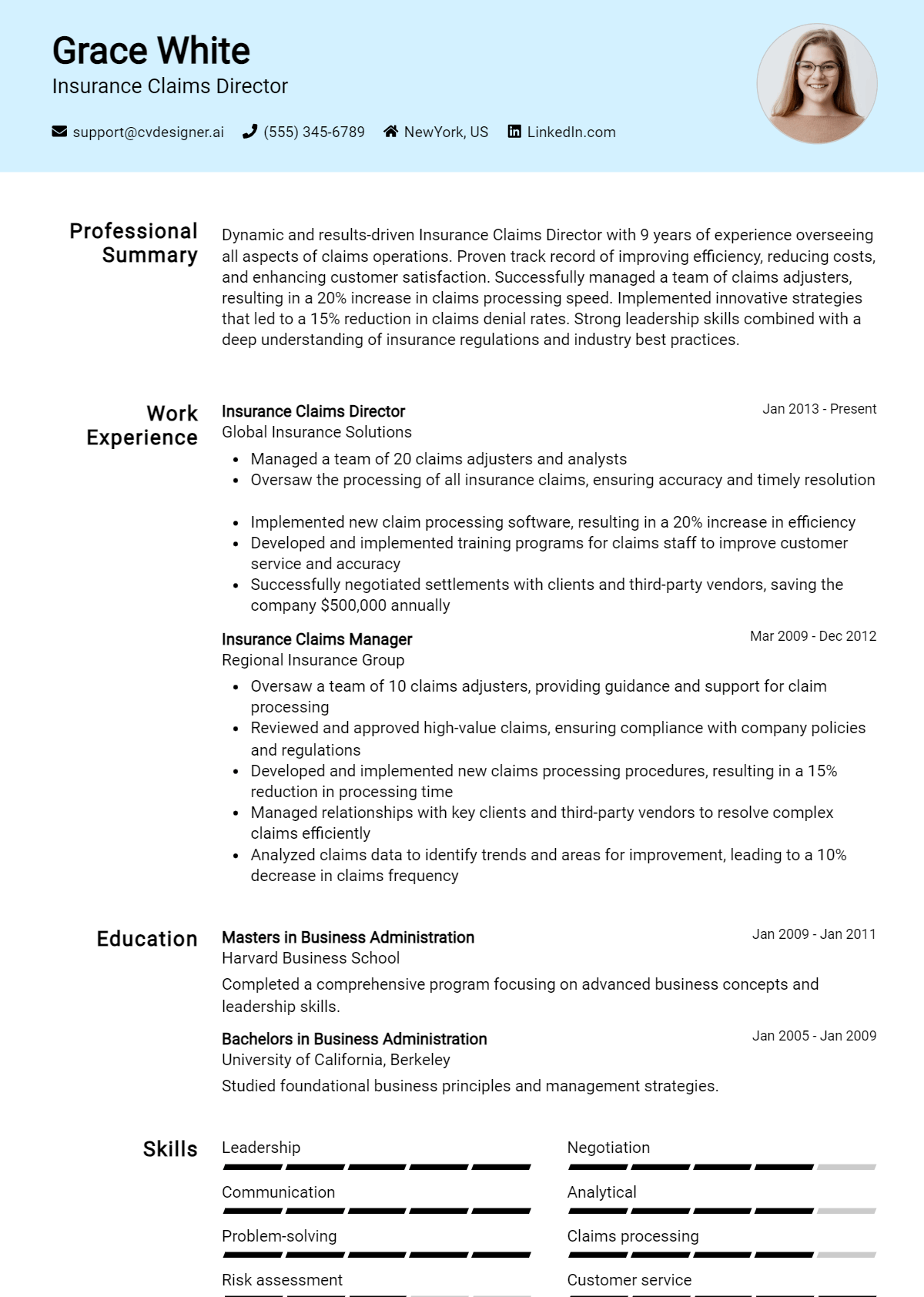 Insurance Claims Director Resume Example