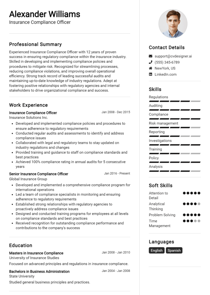 Insurance Compliance Officer Resume Example