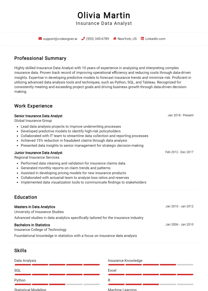 Insurance Data Analyst Resume Example