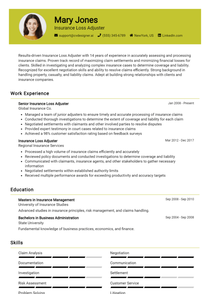 Insurance Loss Adjuster Resume Example