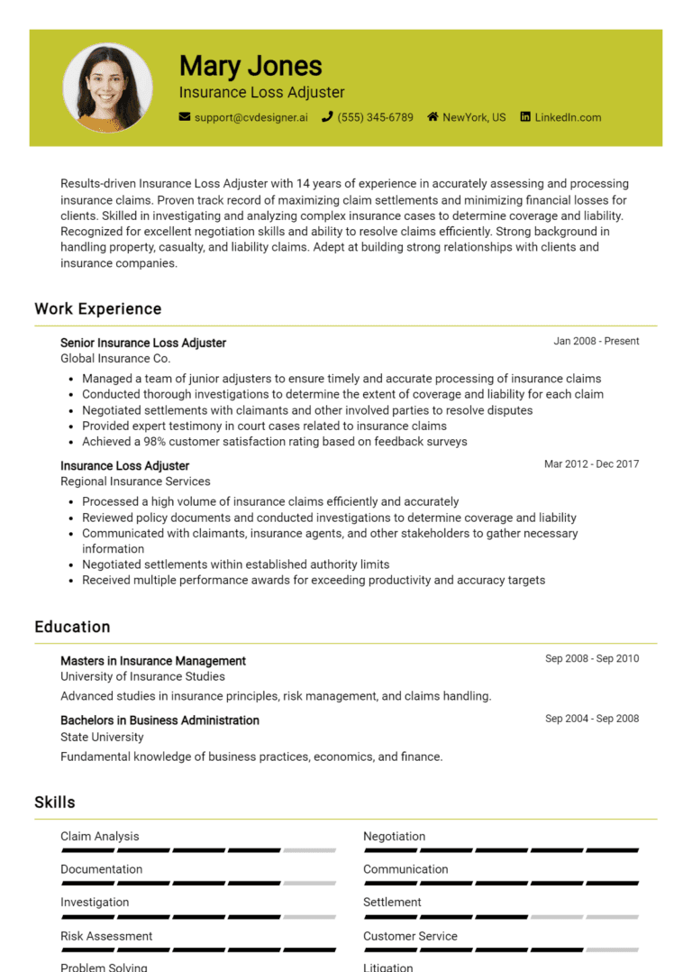 16 Insurance Loss Adjuster Resume Examples And Templates for 2025