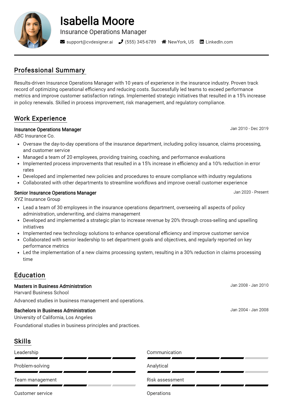 Insurance Operations Manager Resume Example