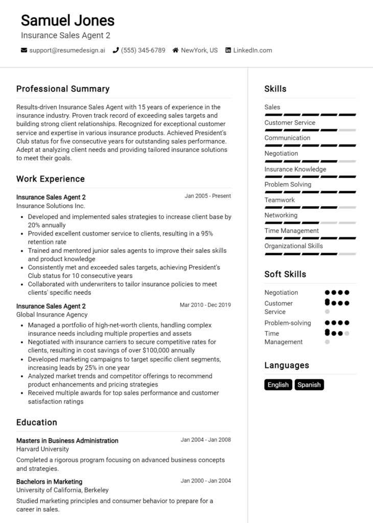 Insurance Sales Agent 2 Resume Example