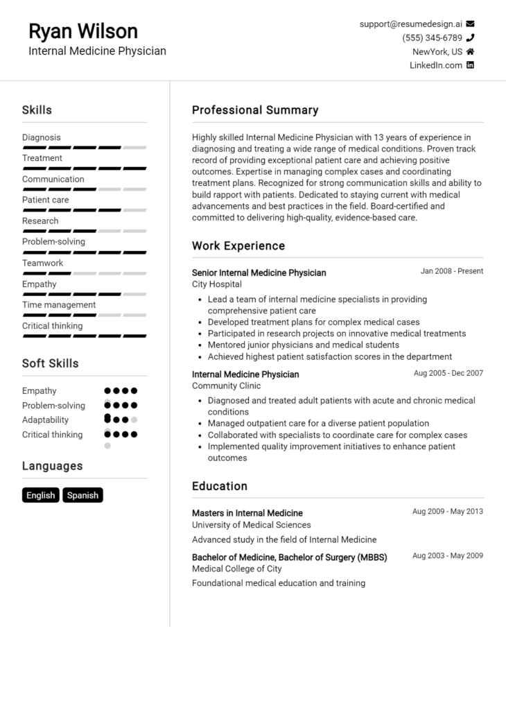 Internal Medicine Physician Resume Example