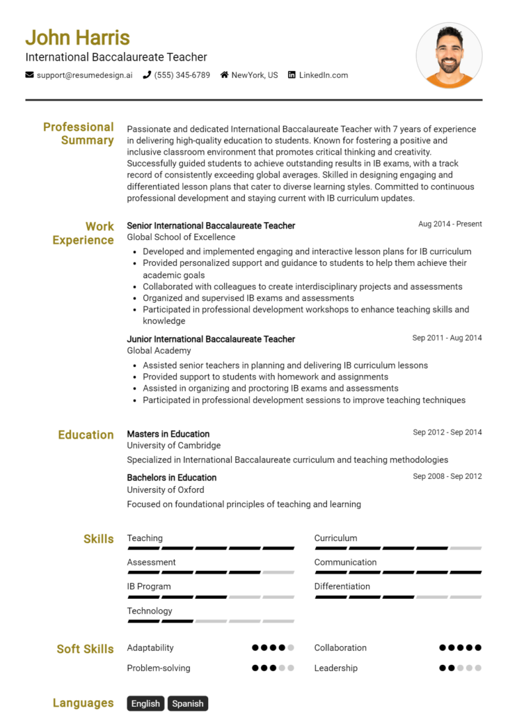 International Baccalaureate Teacher Resume Example