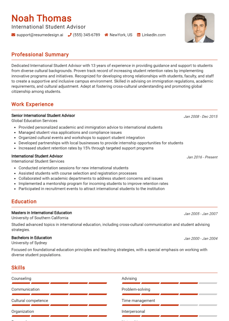 International Student Advisor Resume Example