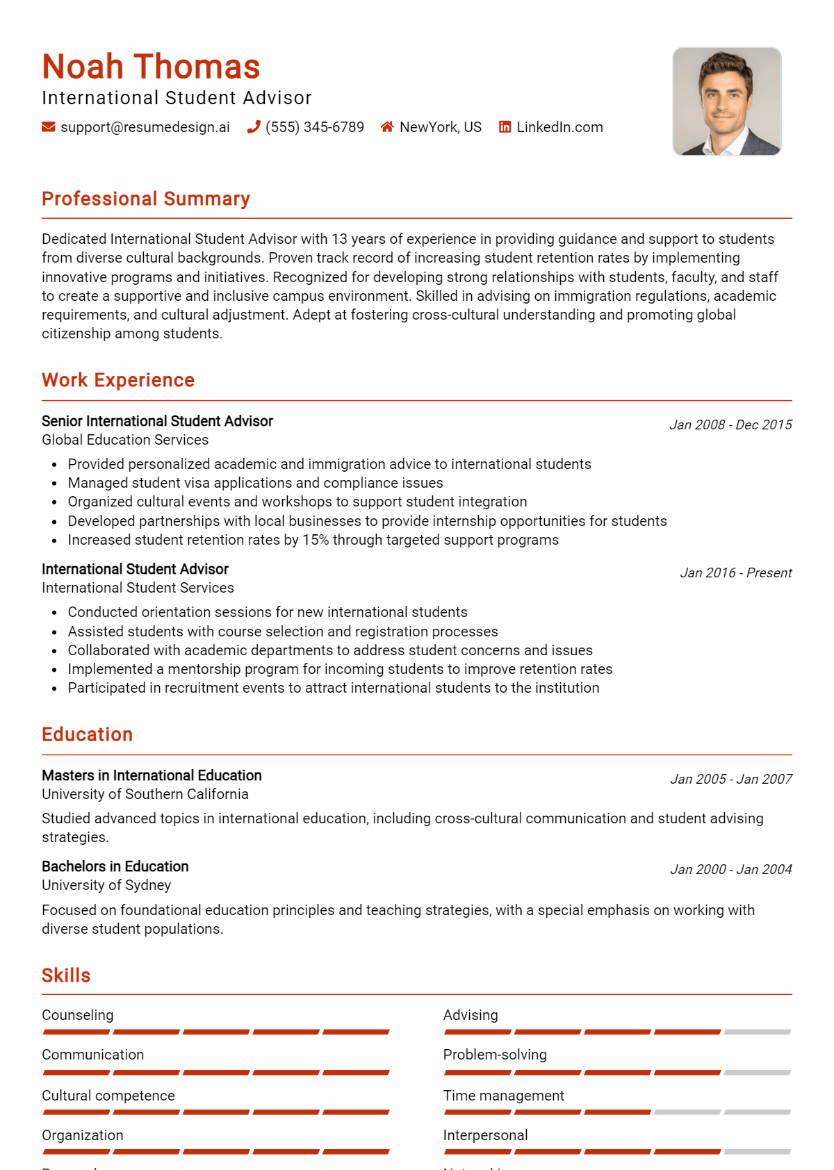 International Student Advisor Resume Example