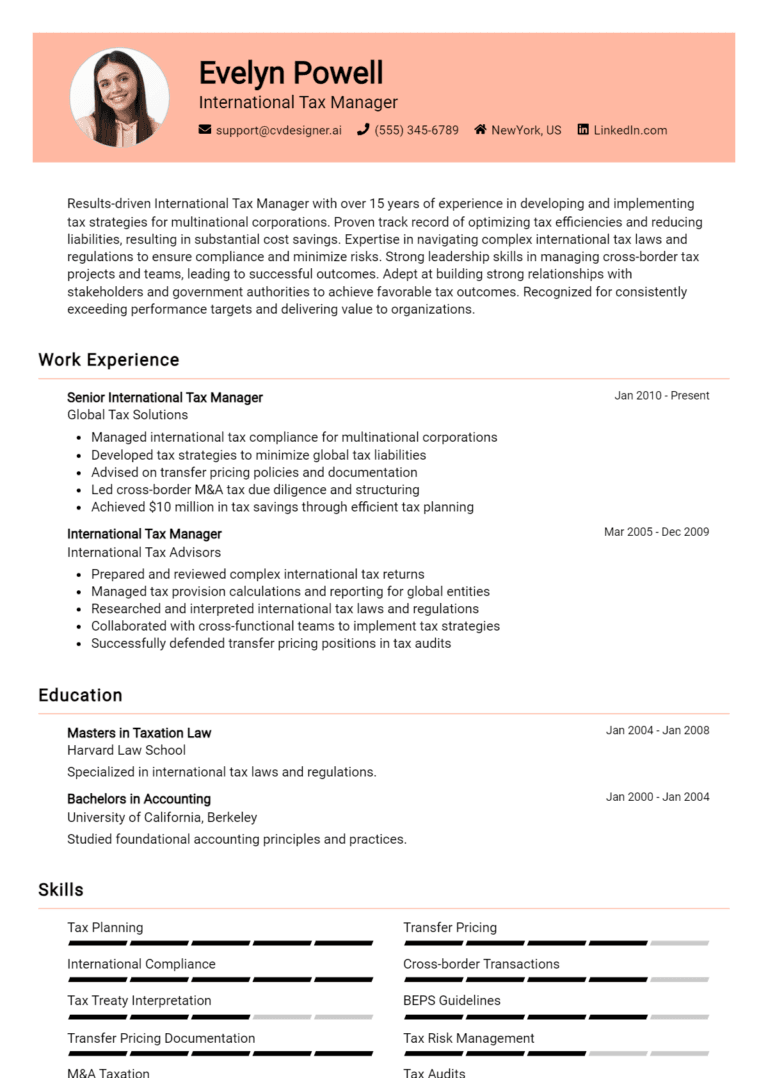 16 International Tax Manager Resume Examples And Templates for 2025