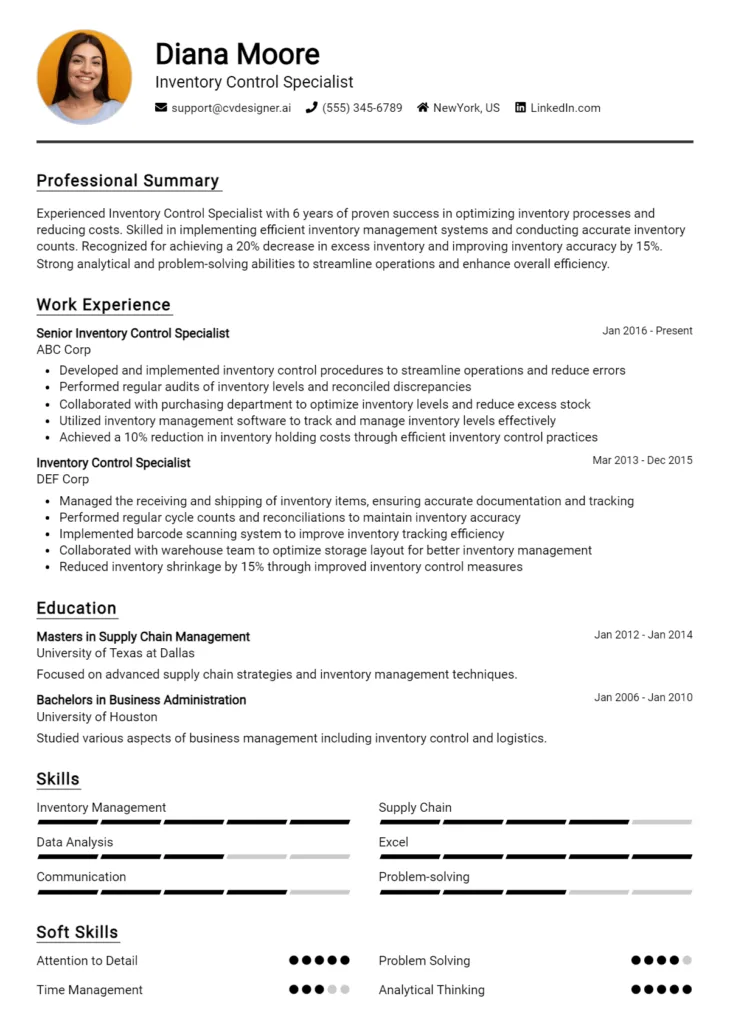 Inventory Control Specialist Resume Example