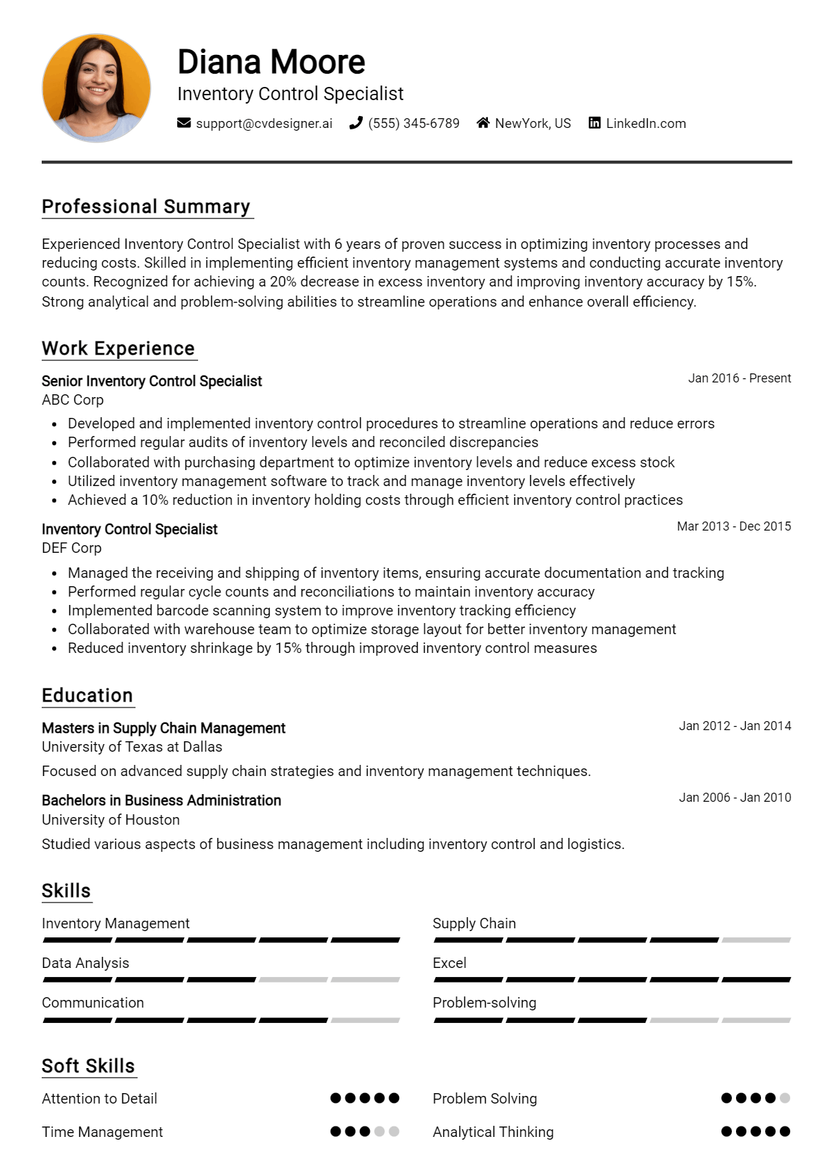 Inventory Control Specialist Resume Example