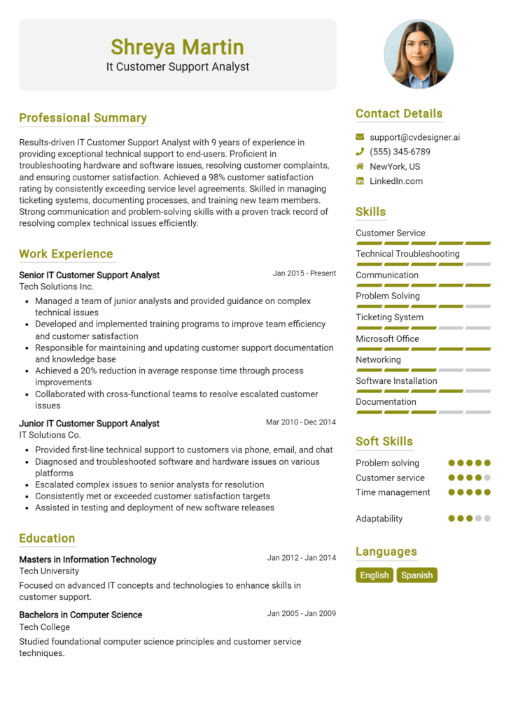 It Customer Support Analyst Resume Example