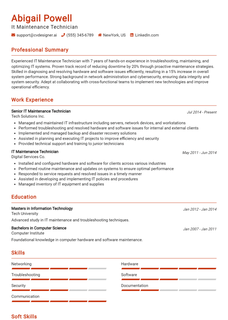 15 IT Maintenance Technician Resume Examples And Templates for 2025