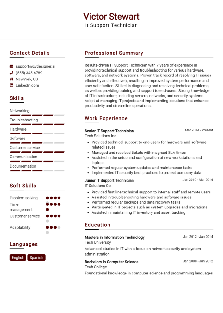 It Support Technician Resume Example