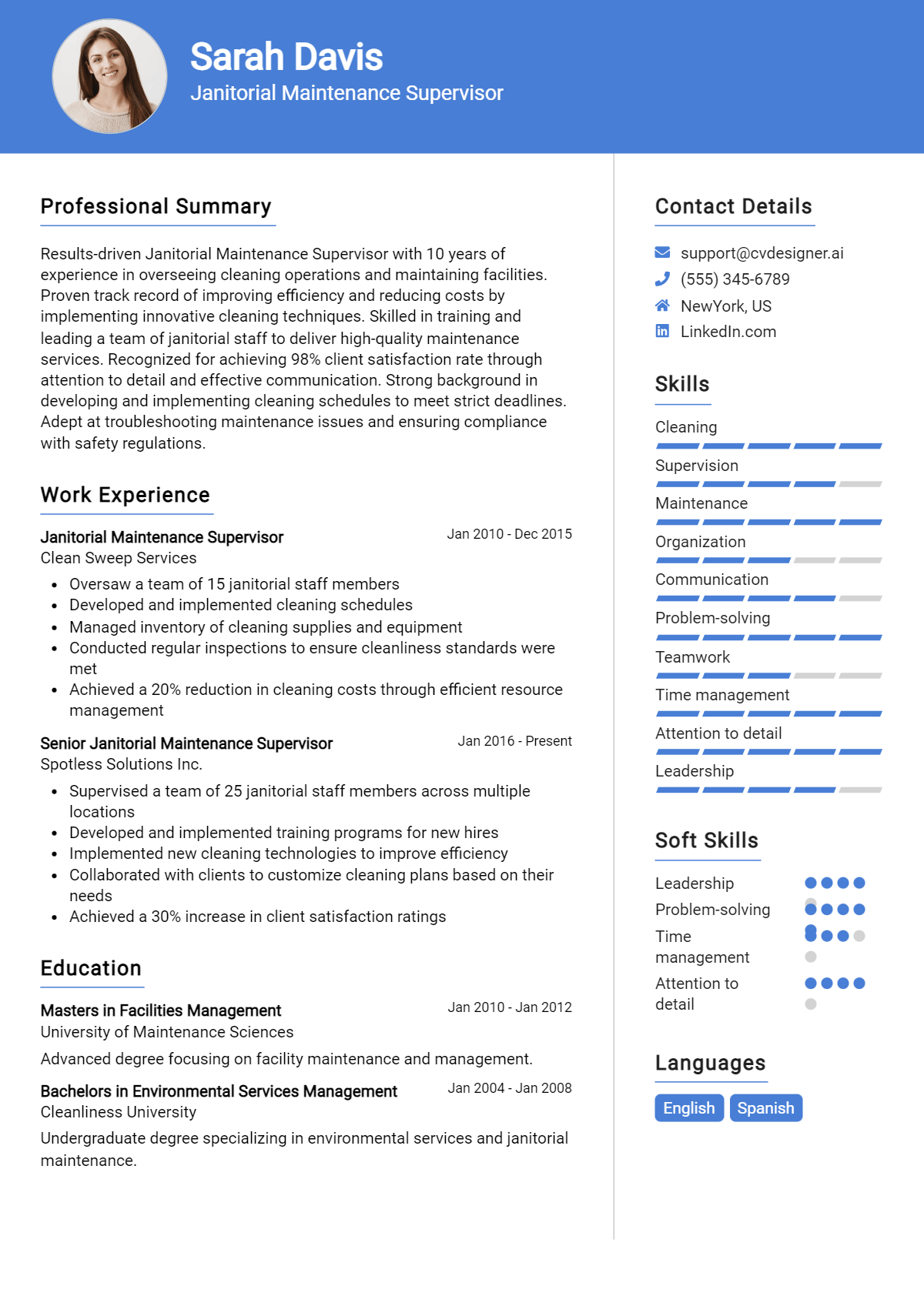 Janitorial Maintenance Supervisor Resume Example