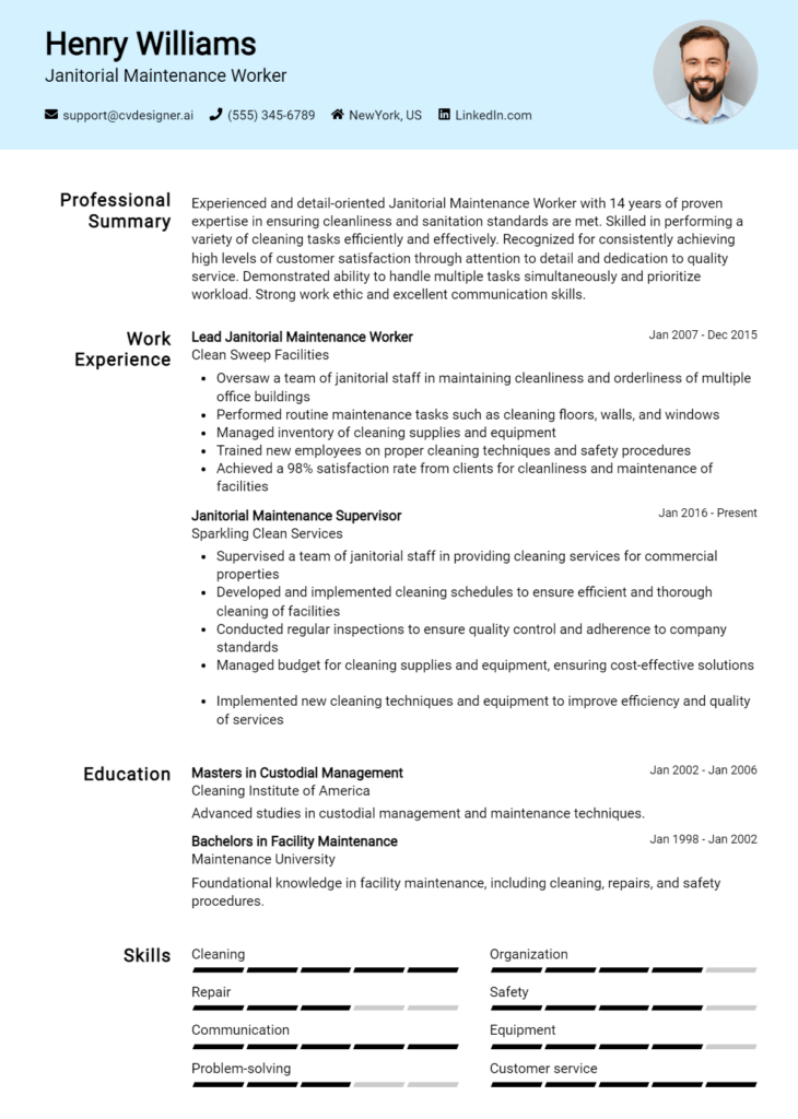 Janitorial Maintenance Worker Resume Example