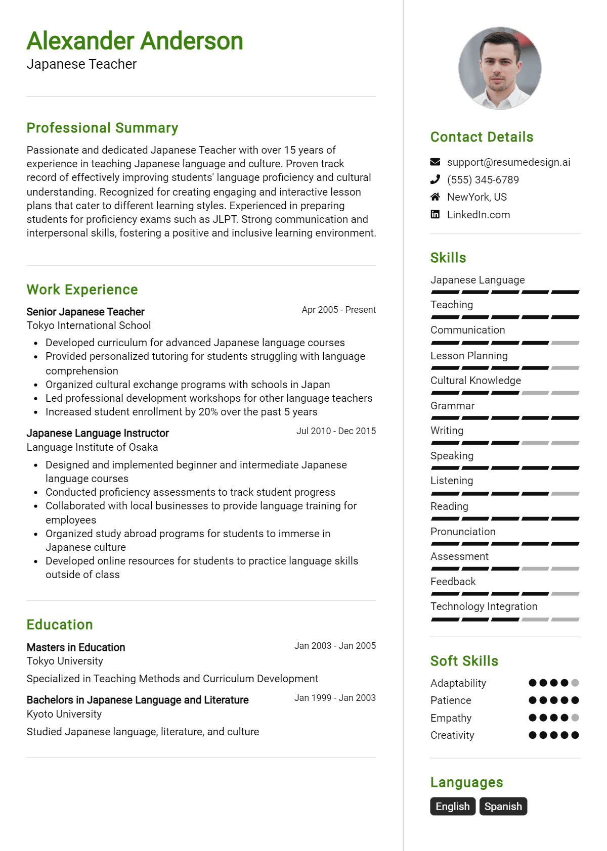 Japanese Teacher Resume Example