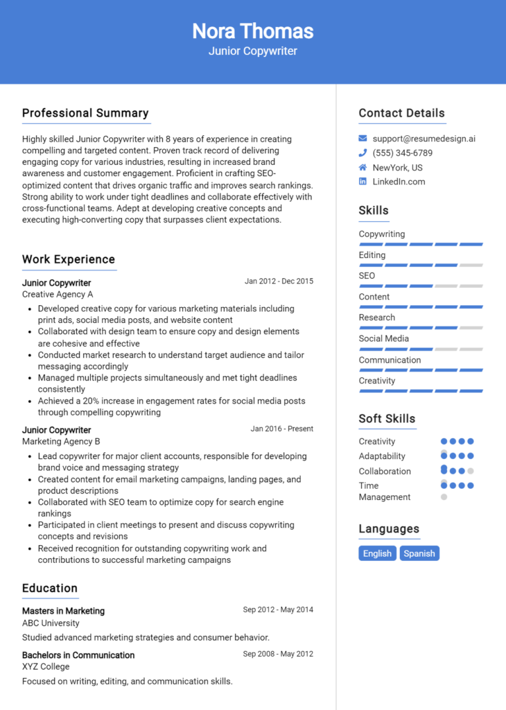 Junior Copywriter Resume Example