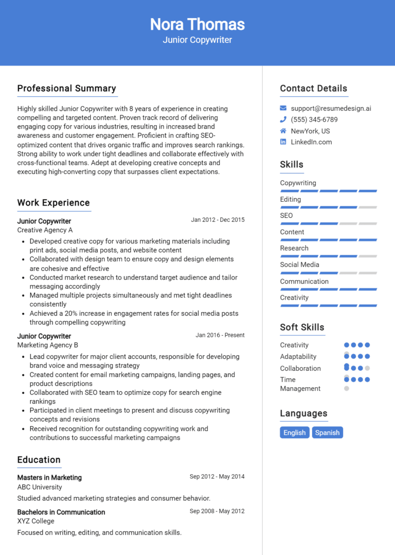 26 Junior Copywriter Resume Examples And Templates for 2025