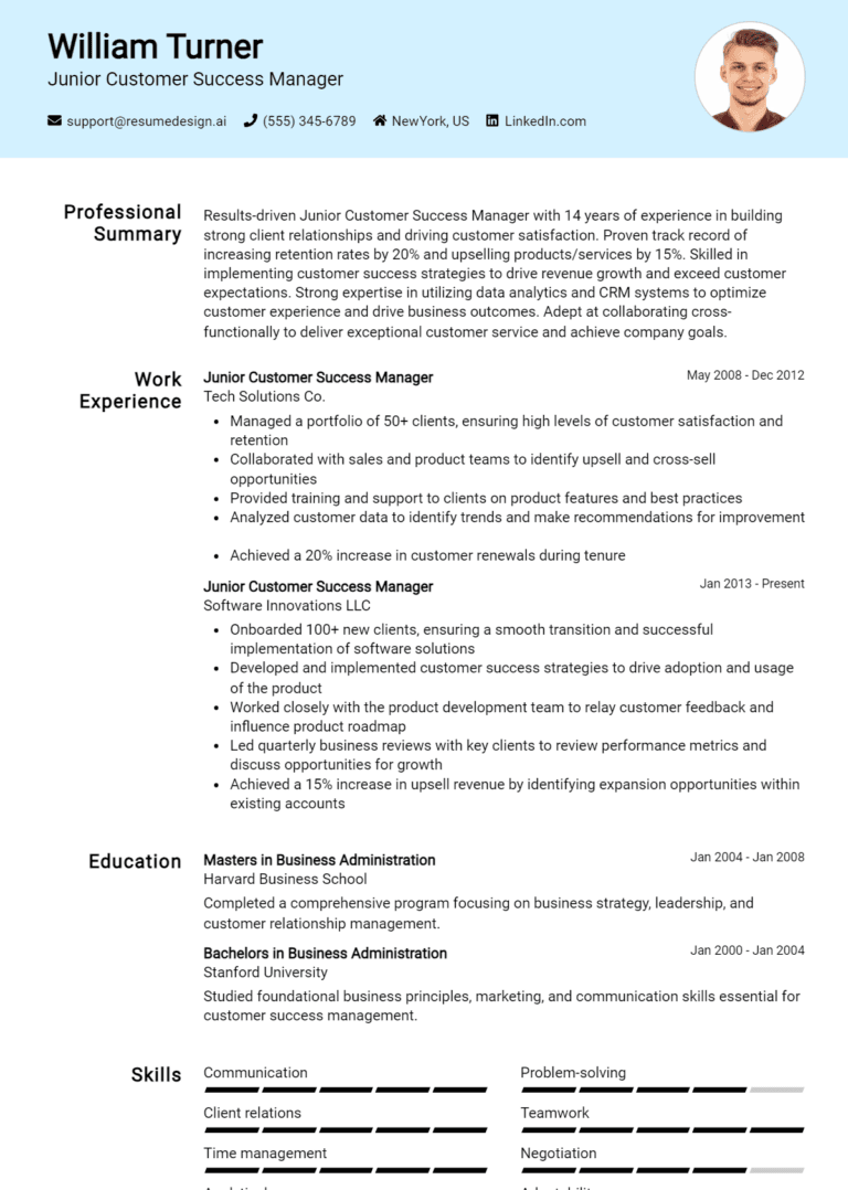 19 Junior Customer Success Manager Resume Examples And Templates for 2025 [Guide]