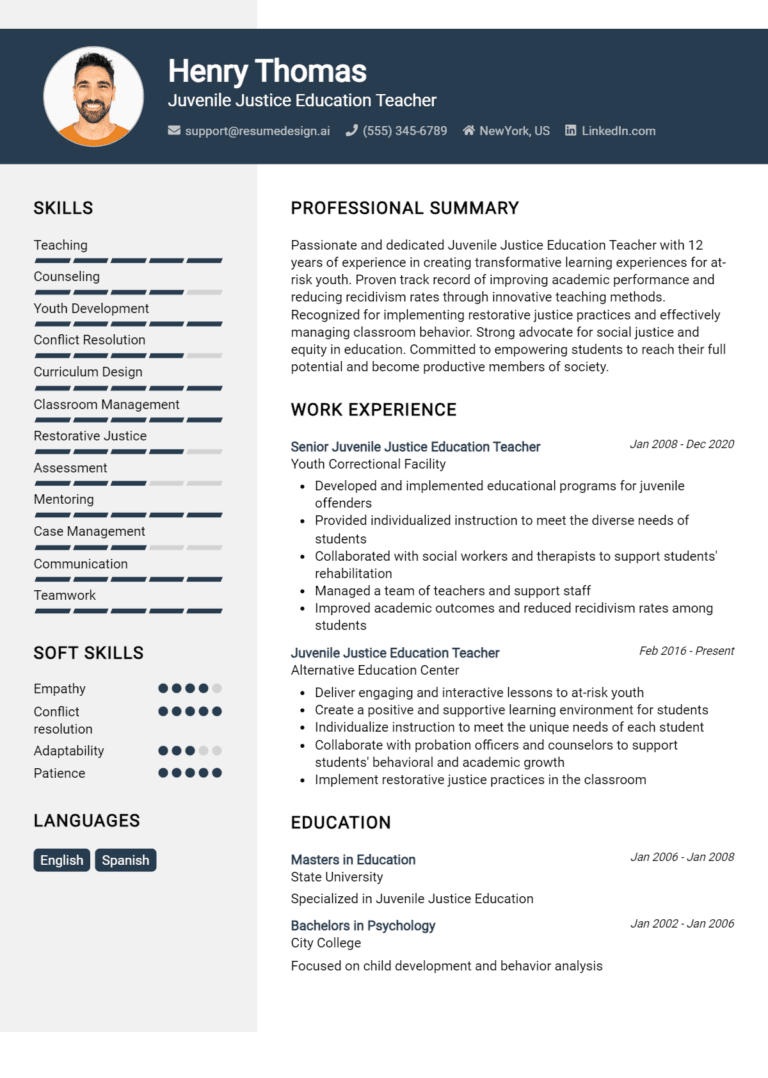 9 Juvenile Justice Education Teacher Resume Examples And Templates for 2025 (Downloadable)