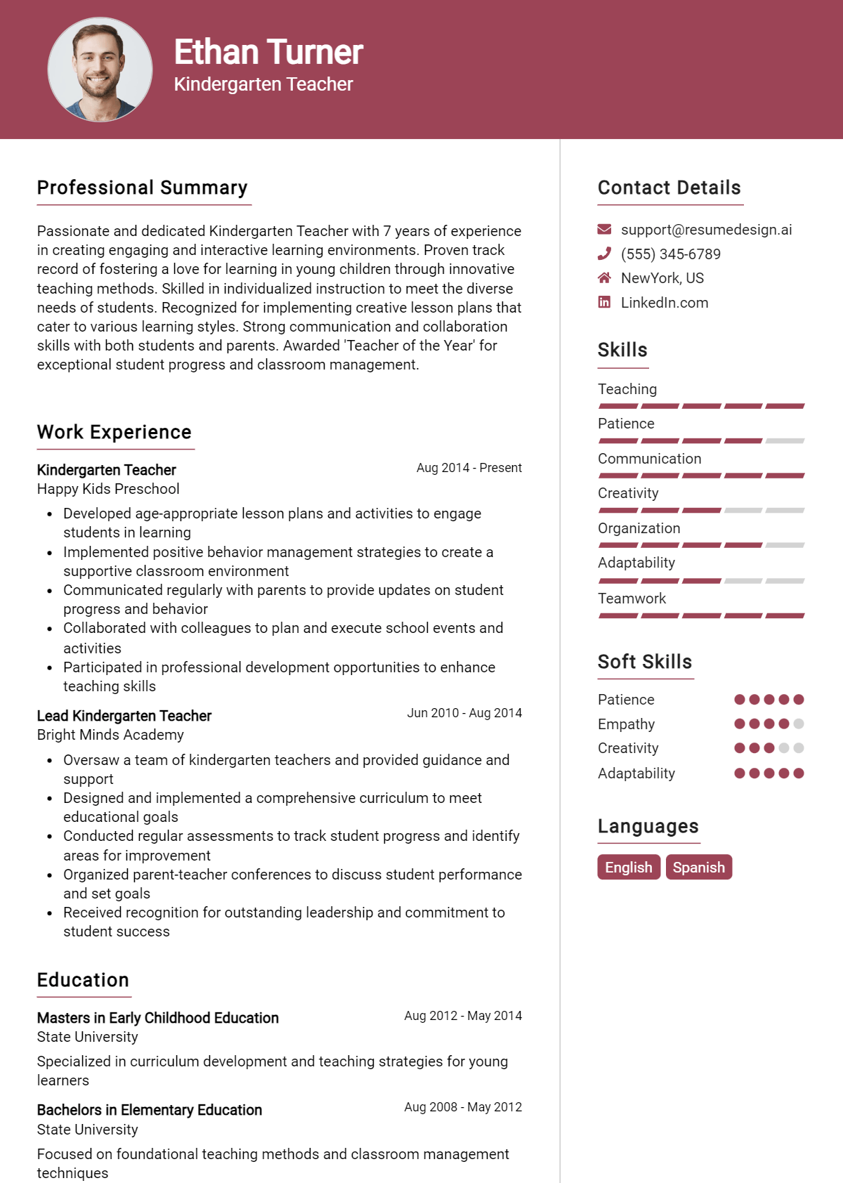 Kindergarten Teacher Resume Example