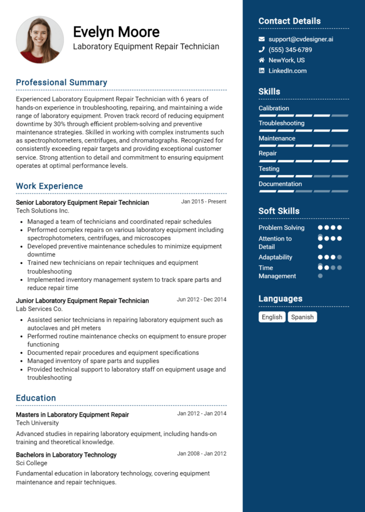 Laboratory Equipment Repair Technician Resume Example