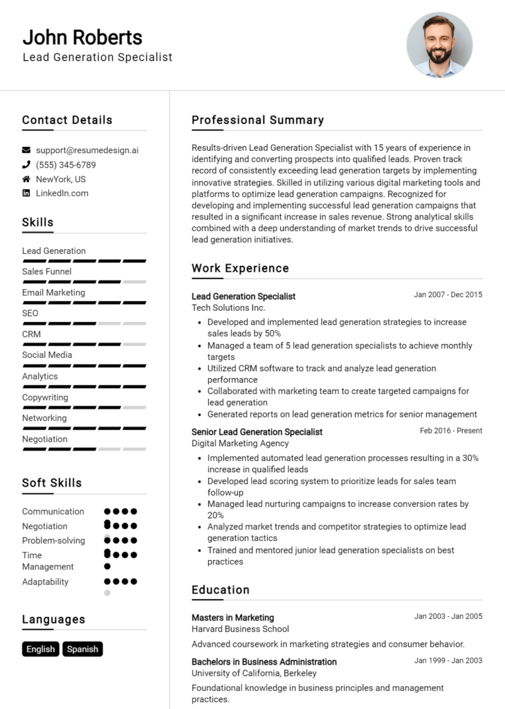 Lead Generation Specialist Resume Example