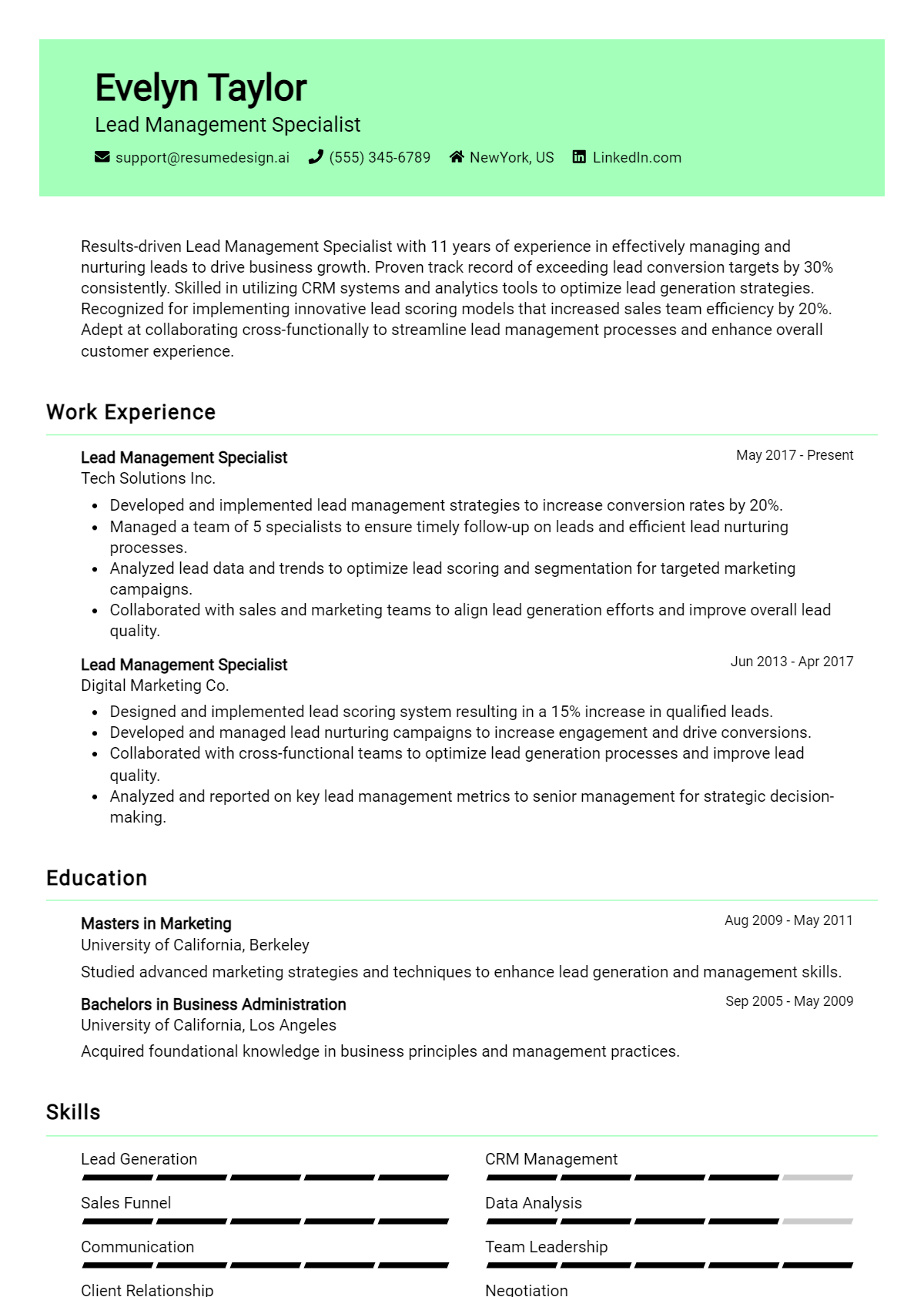 Lead Management Specialist Resume Example (1)