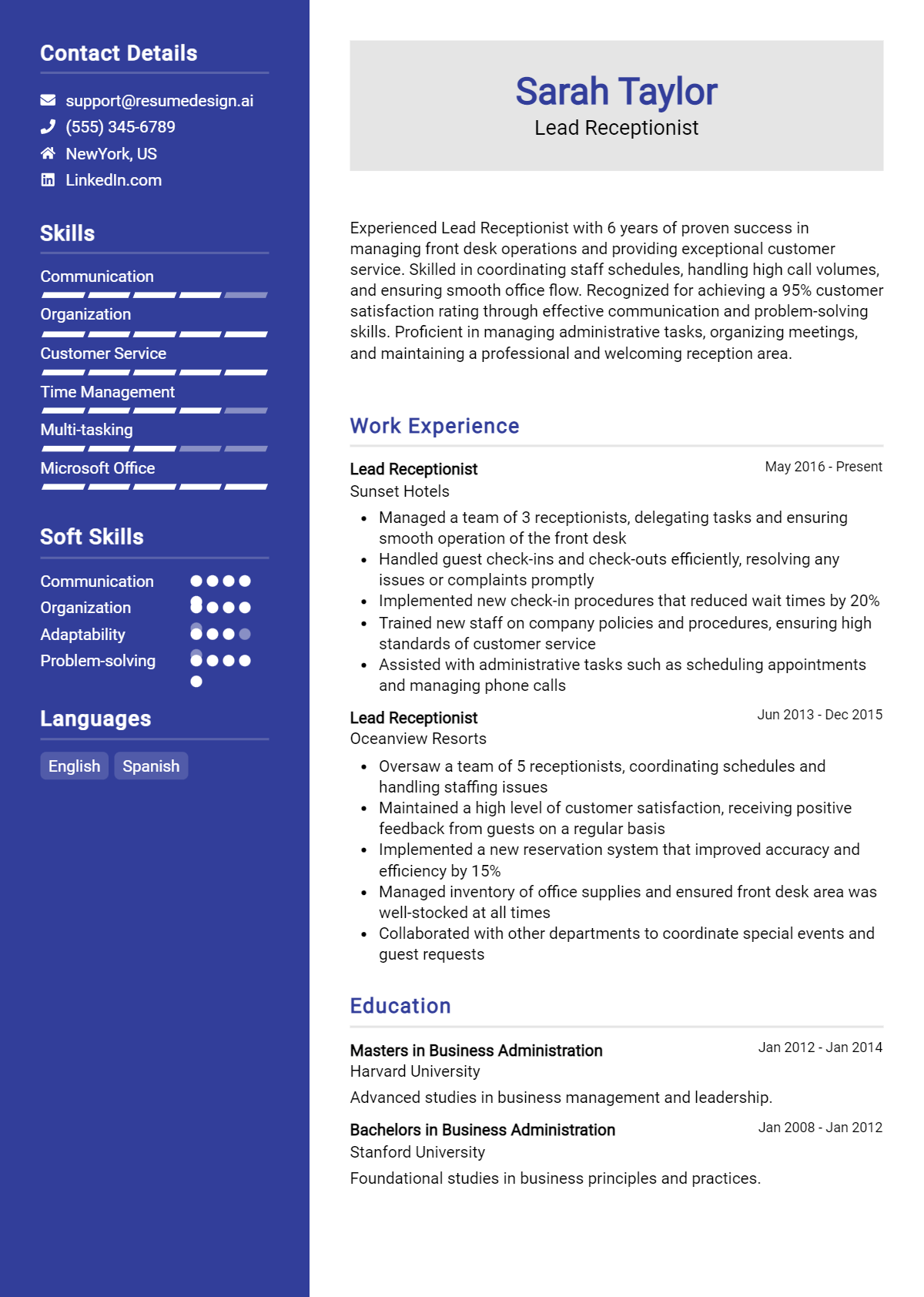 Lead Receptionist Resume Example