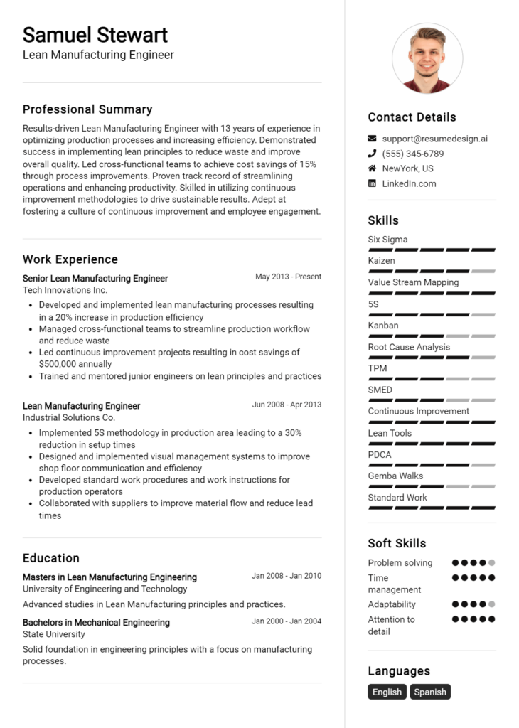 Lean Manufacturing Engineer Resume Example