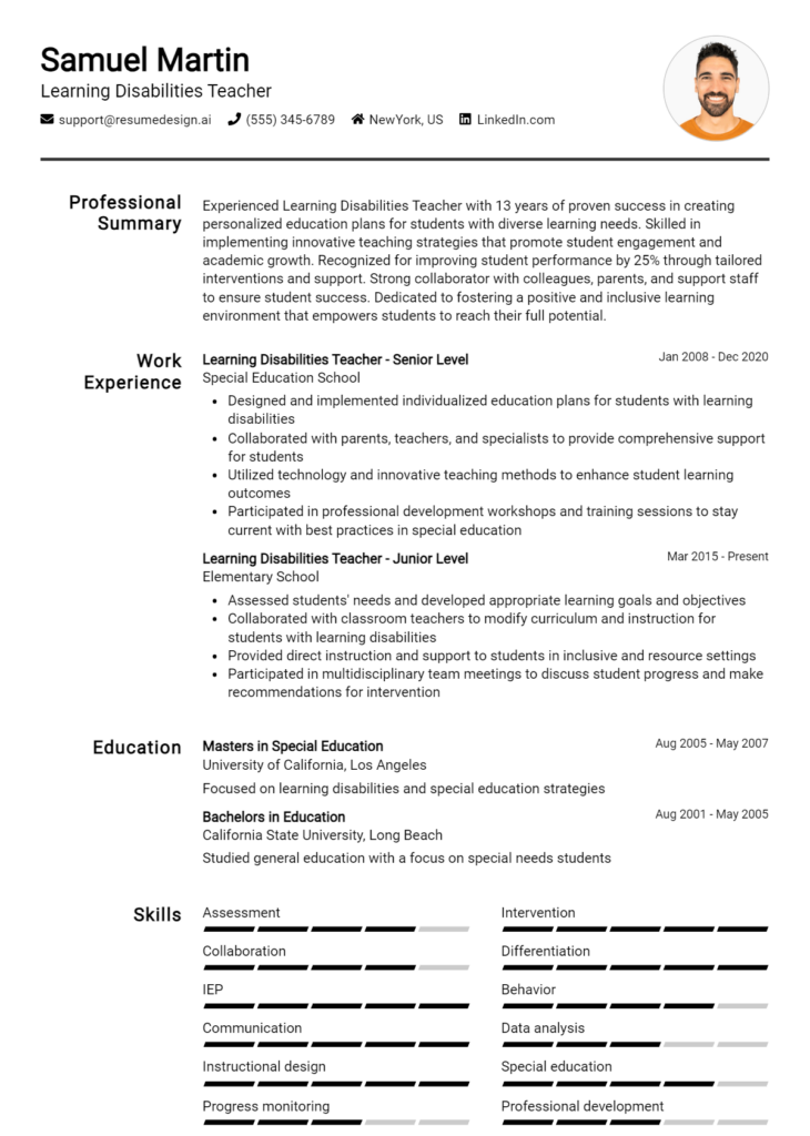 Learning Disabilities Teacher Resume Example