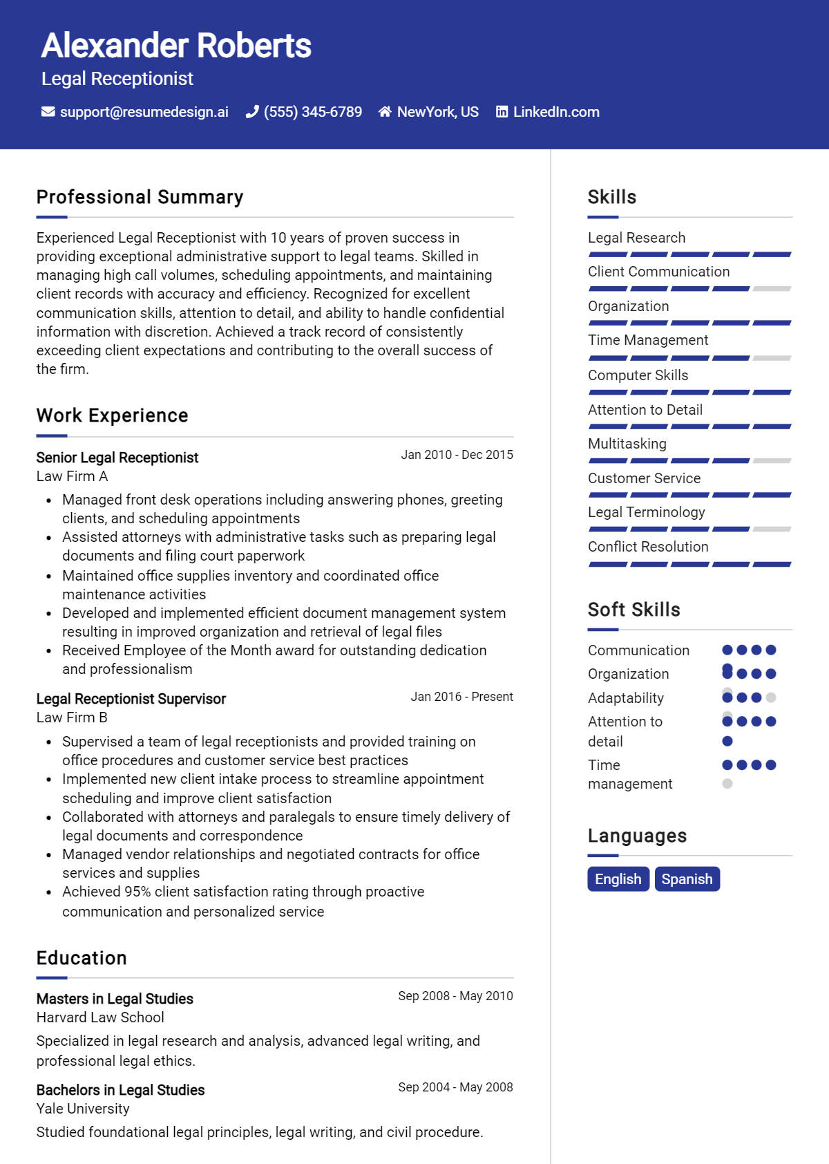 Legal Receptionist Resume Example