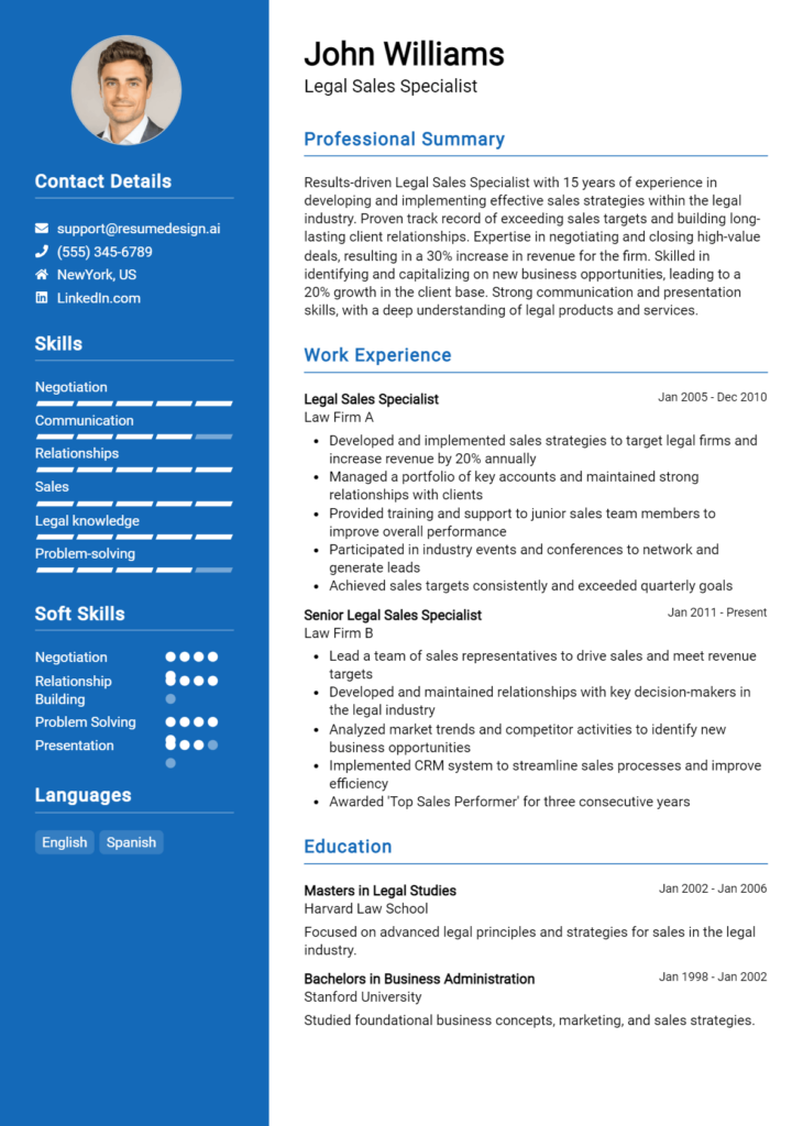 Legal Sales Specialist Resume Example