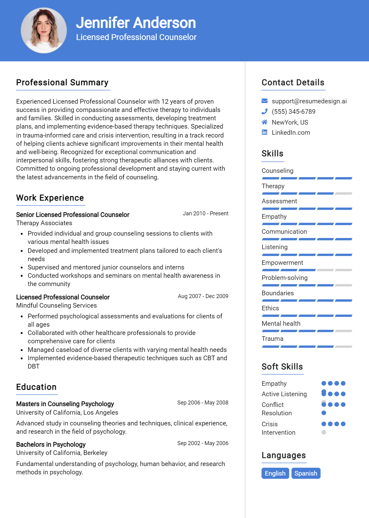 Licensed Professional Counselor Resume Example