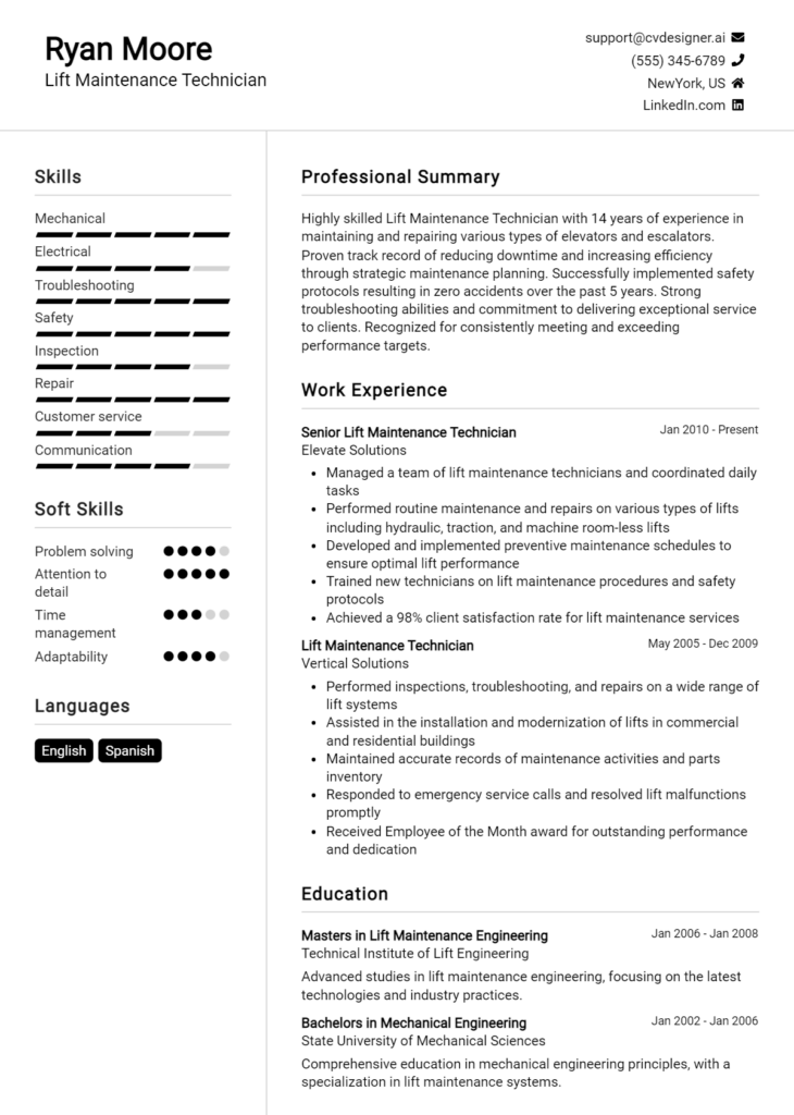 Lift Maintenance Technician Resume Example