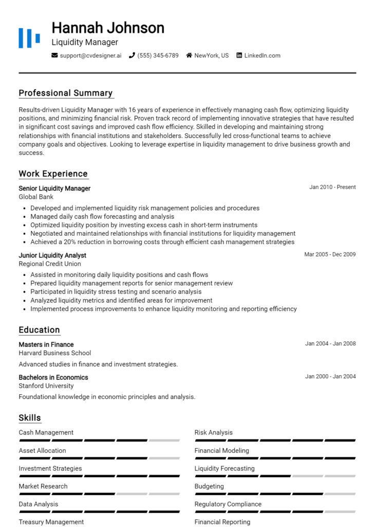 Liquidity Manager Resume Example