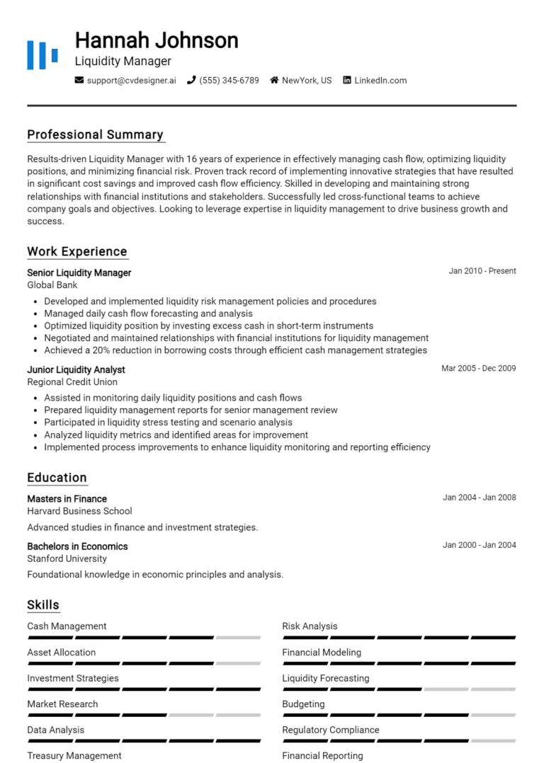 18 Liquidity Manager Resume Examples And Templates for 2025