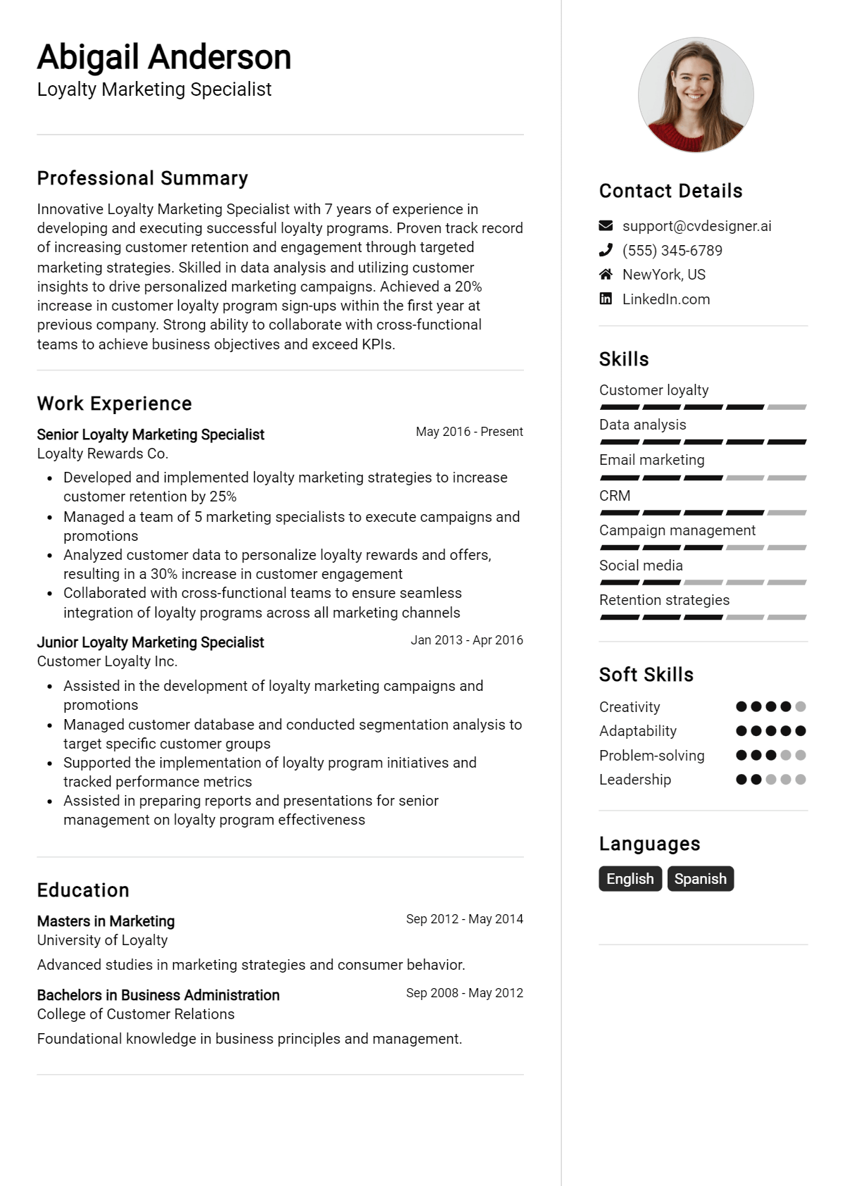 Loyalty Marketing Specialist Resume Example