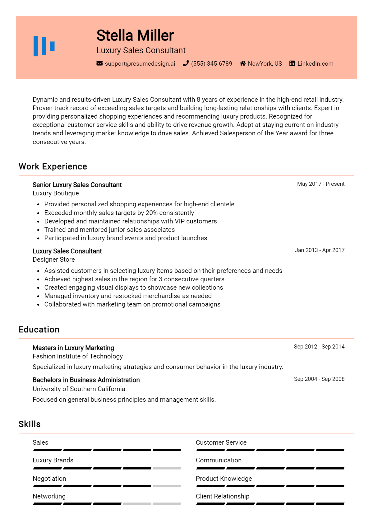 Luxury Sales Consultant Resume Example